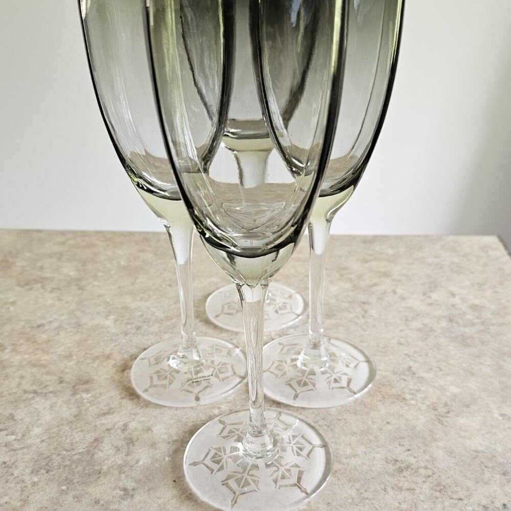 4 Retro Square Grey Wine Glasses 9.5" frosted etched base snowflake winter holid - Picture 10 of 13